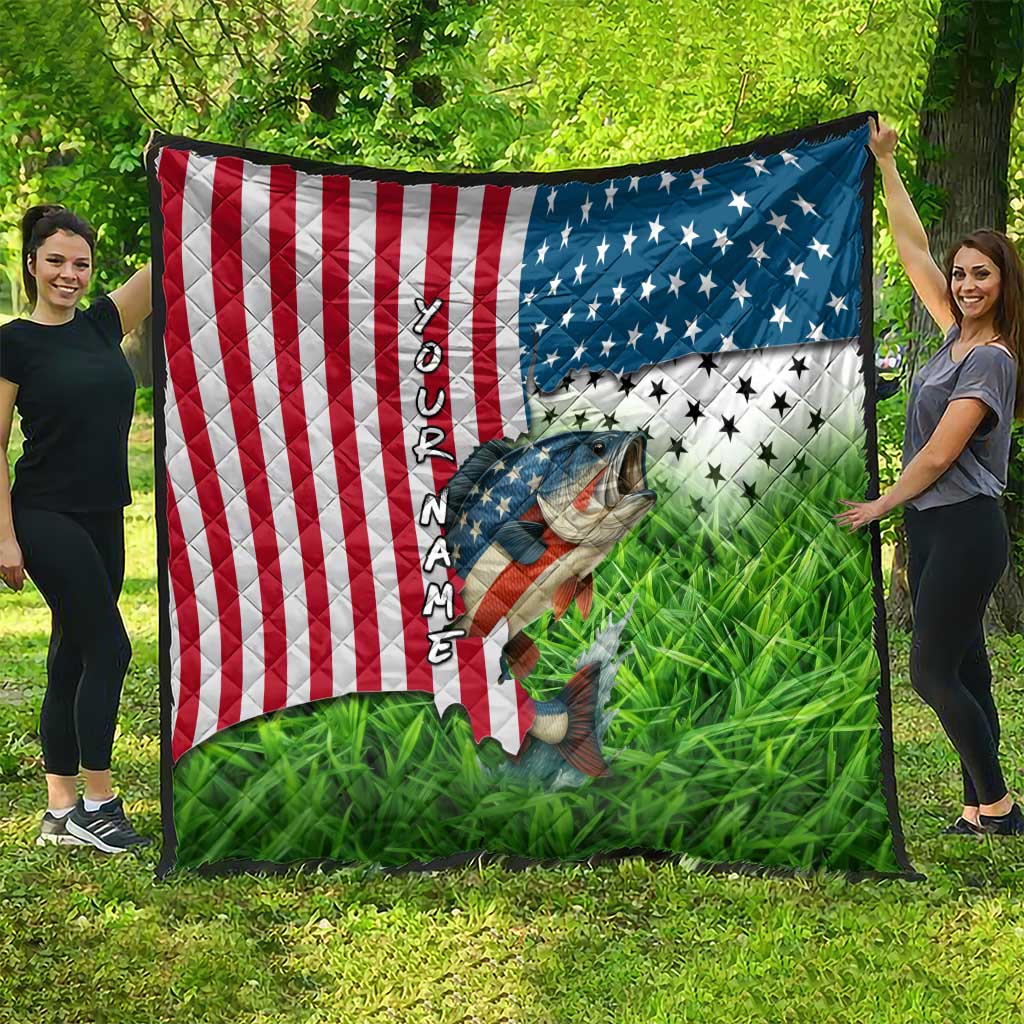 American Flag Bass Fishing Design Quilt with Largemouth Bass and Green Grass Background - Wonder Print Shop
