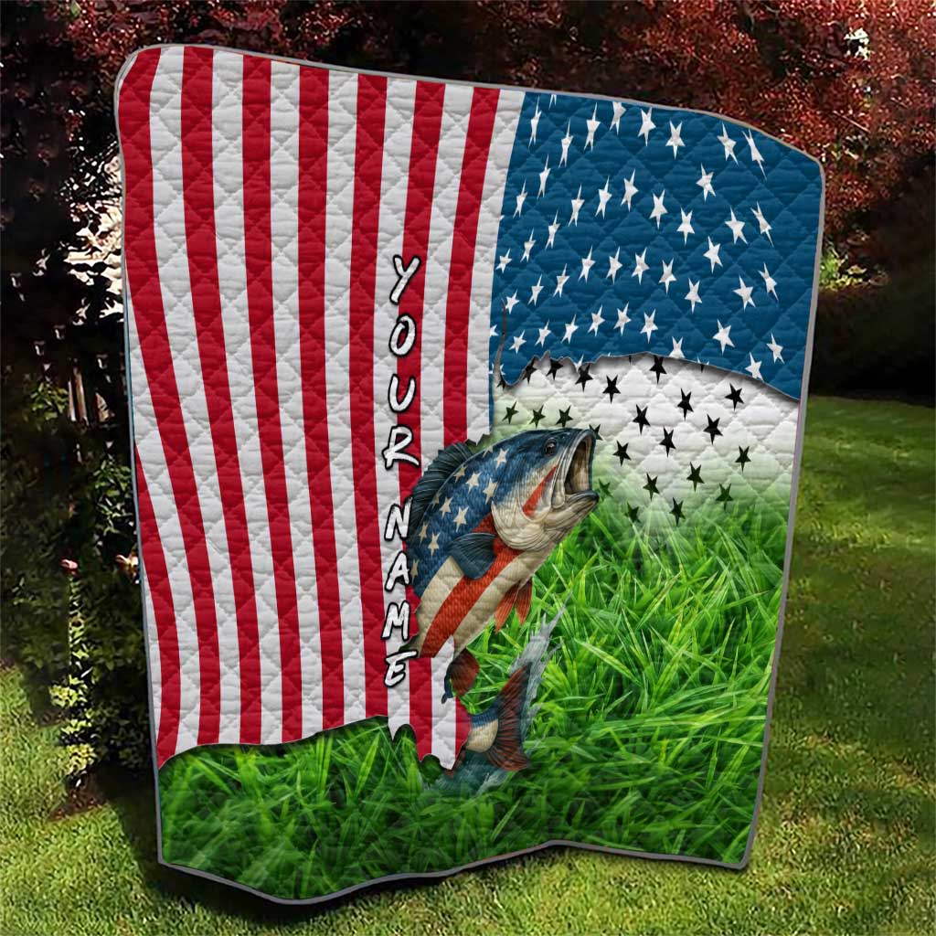 American Flag Bass Fishing Design Quilt with Largemouth Bass and Green Grass Background - Wonder Print Shop