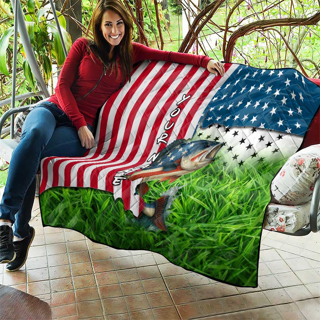 American Flag Bass Fishing Design Quilt with Largemouth Bass and Green Grass Background - Wonder Print Shop