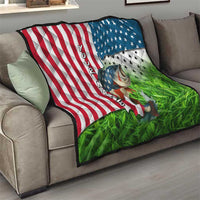 American Flag Bass Fishing Design Quilt with Largemouth Bass and Green Grass Background - Wonder Print Shop