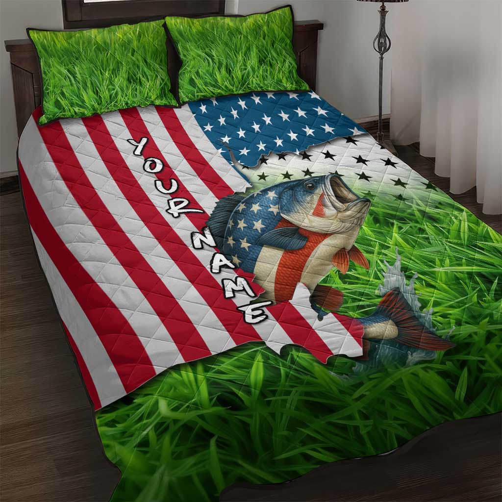 American Flag Bass Fishing Design Quilt Bed Set with Largemouth Bass and Green Grass Background - Wonder Print Shop