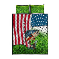 American Flag Bass Fishing Design Quilt Bed Set with Largemouth Bass and Green Grass Background - Wonder Print Shop