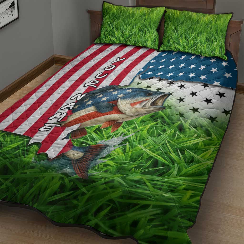 American Flag Bass Fishing Design Quilt Bed Set with Largemouth Bass and Green Grass Background - Wonder Print Shop