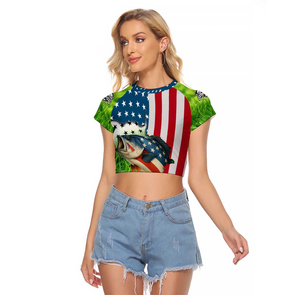 American Flag Bass Fishing Design Raglan Cropped T Shirt with Largemouth Bass and Green Grass Background - Wonder Print Shop