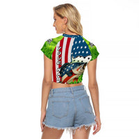 American Flag Bass Fishing Design Raglan Cropped T Shirt with Largemouth Bass and Green Grass Background - Wonder Print Shop