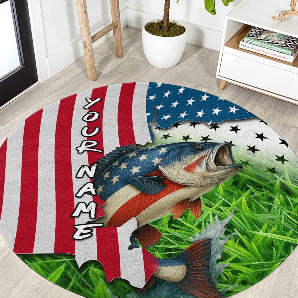 American Flag Bass Fishing Design Round Carpet with Largemouth Bass and Green Grass Background - Wonder Print Shop
