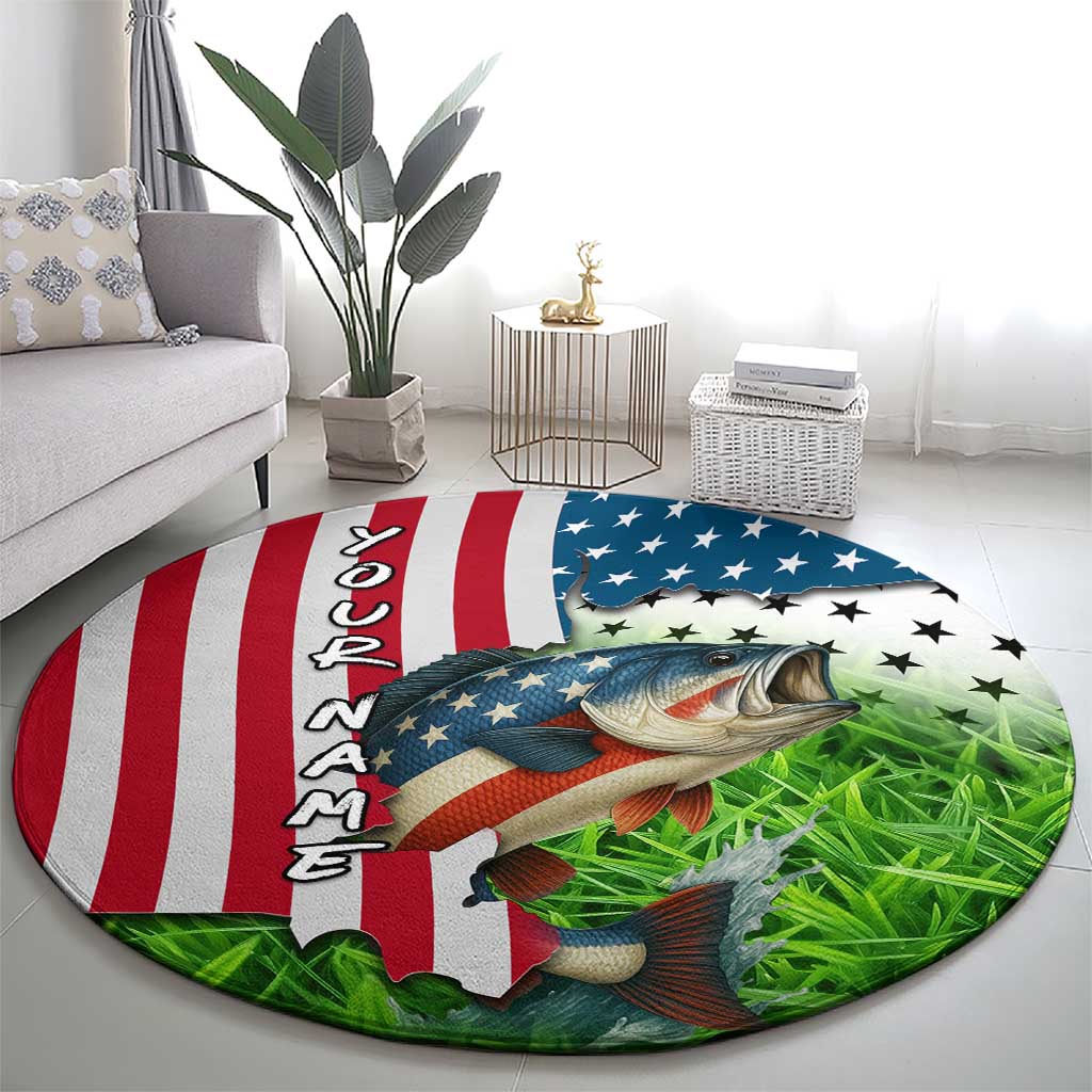 American Flag Bass Fishing Design Round Carpet with Largemouth Bass and Green Grass Background - Wonder Print Shop