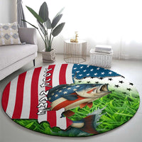 American Flag Bass Fishing Design Round Carpet with Largemouth Bass and Green Grass Background - Wonder Print Shop