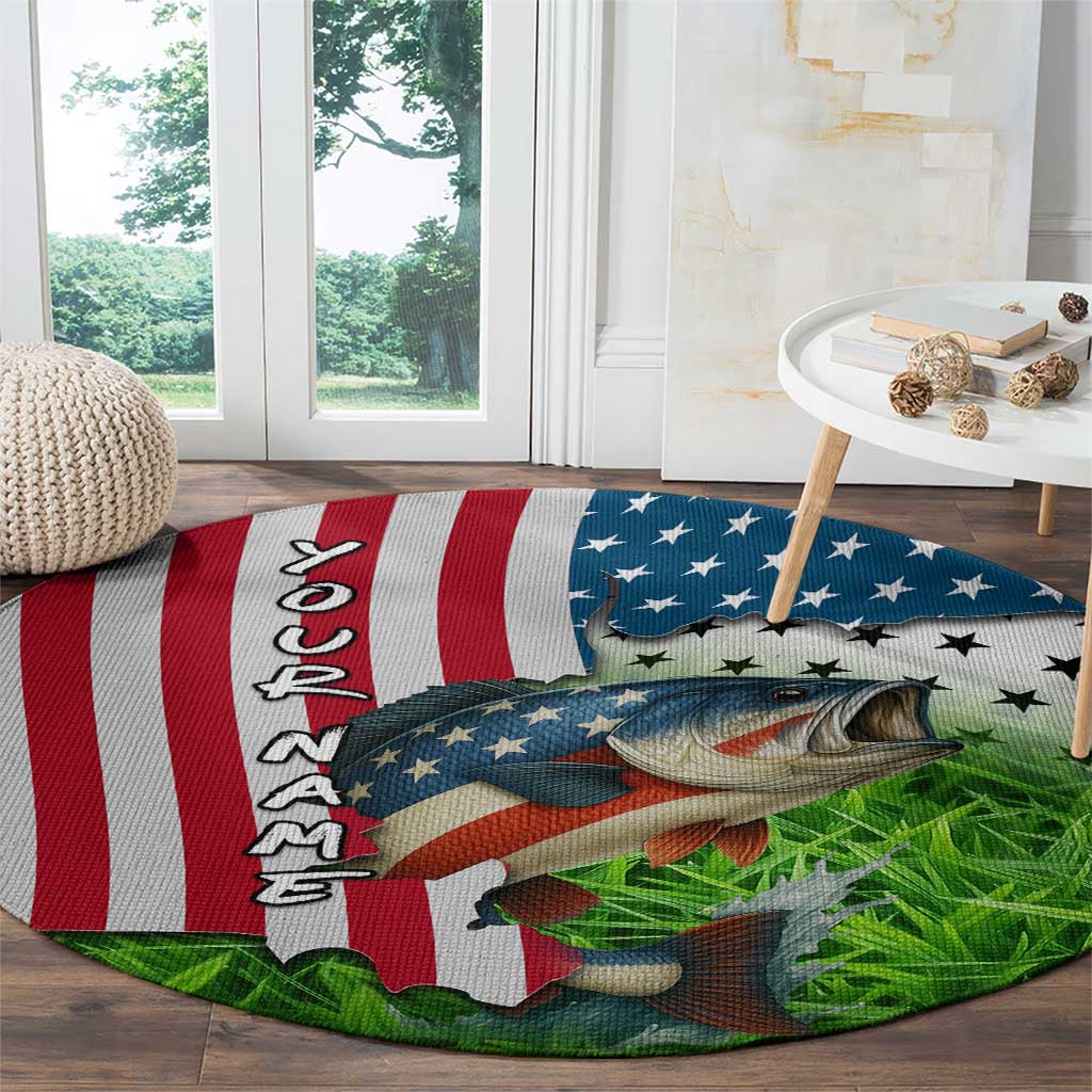 American Flag Bass Fishing Design Round Carpet with Largemouth Bass and Green Grass Background - Wonder Print Shop