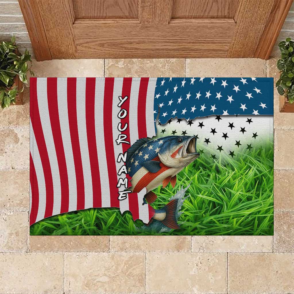American Flag Bass Fishing Design Rubber Doormat with Largemouth Bass and Green Grass Background - Wonder Print Shop