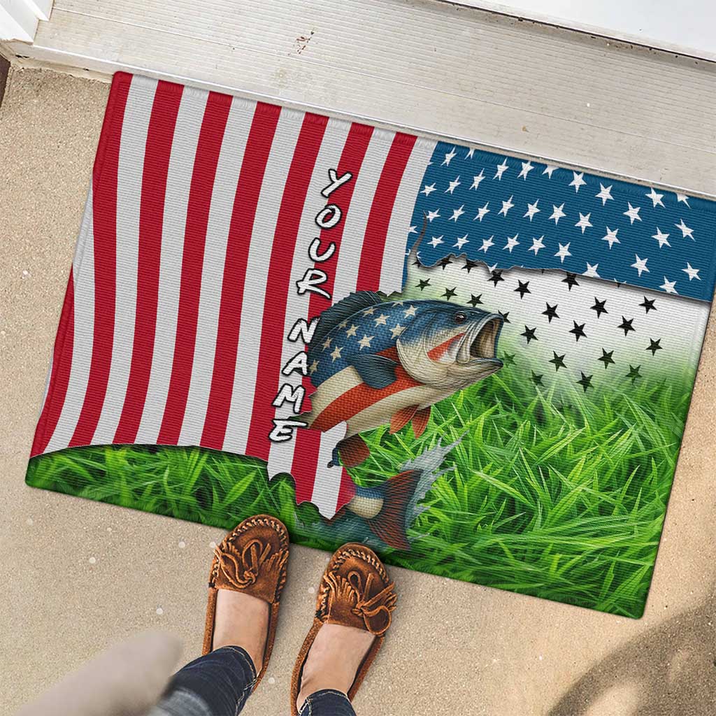 American Flag Bass Fishing Design Rubber Doormat with Largemouth Bass and Green Grass Background - Wonder Print Shop