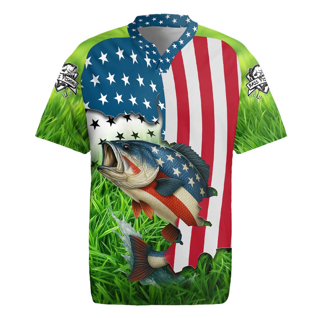 American Flag Bass Fishing Design Rugby Jersey with Largemouth Bass and Green Grass Background - Wonder Print Shop
