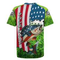 American Flag Bass Fishing Design Rugby Jersey with Largemouth Bass and Green Grass Background - Wonder Print Shop