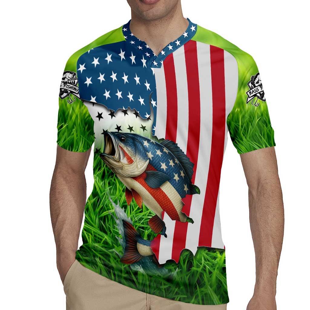 American Flag Bass Fishing Design Rugby Jersey with Largemouth Bass and Green Grass Background - Wonder Print Shop
