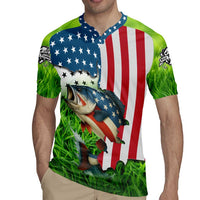 American Flag Bass Fishing Design Rugby Jersey with Largemouth Bass and Green Grass Background - Wonder Print Shop