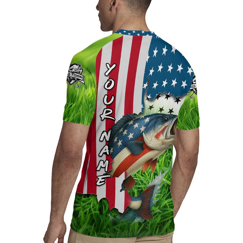 American Flag Bass Fishing Design Rugby Jersey with Largemouth Bass and Green Grass Background - Wonder Print Shop
