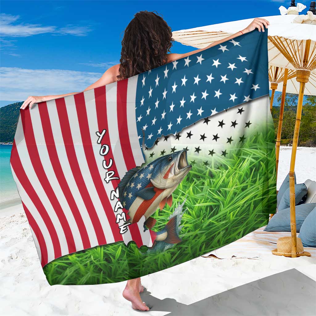 American Flag Bass Fishing Design Sarong with Largemouth Bass and Green Grass Background - Wonder Print Shop