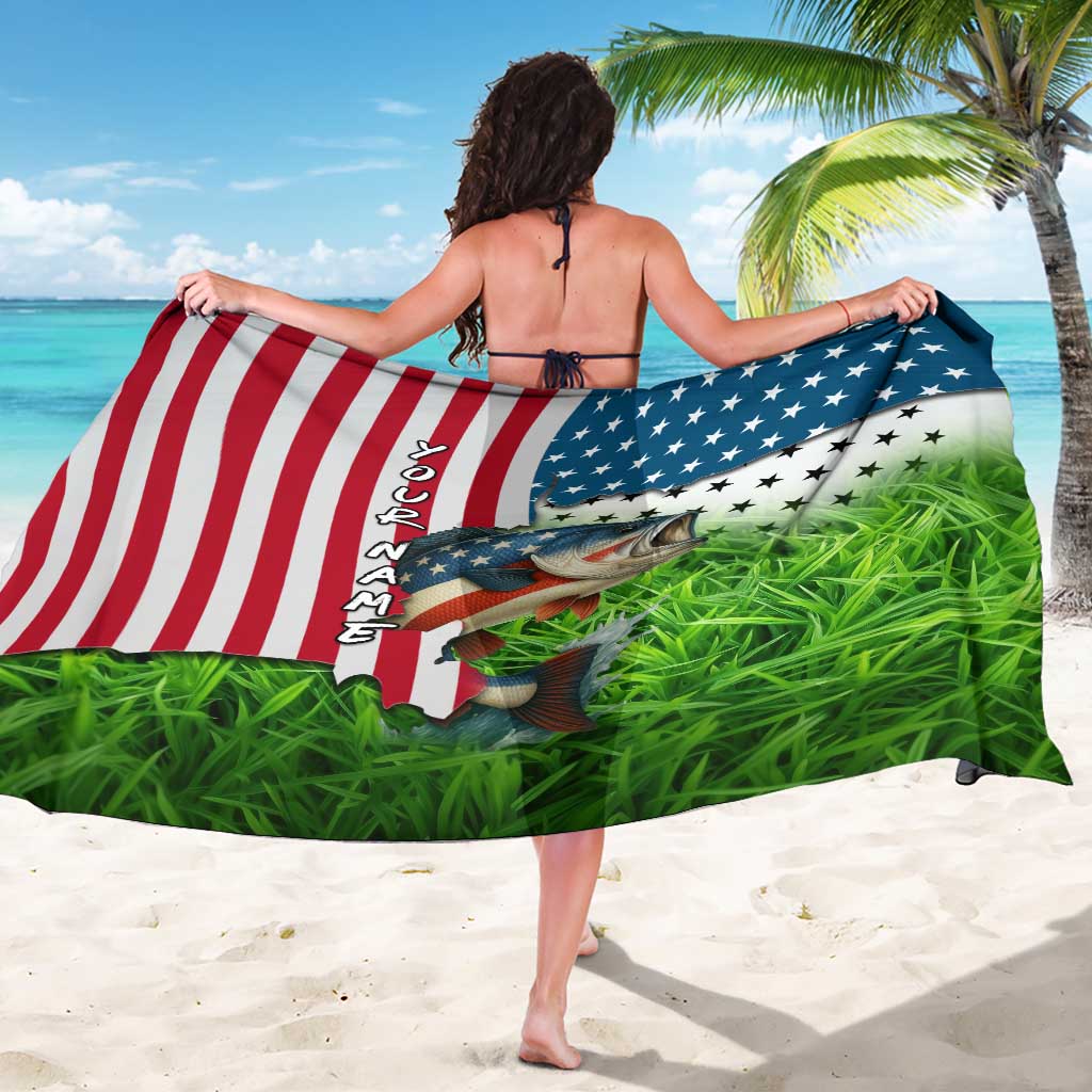 American Flag Bass Fishing Design Sarong with Largemouth Bass and Green Grass Background - Wonder Print Shop