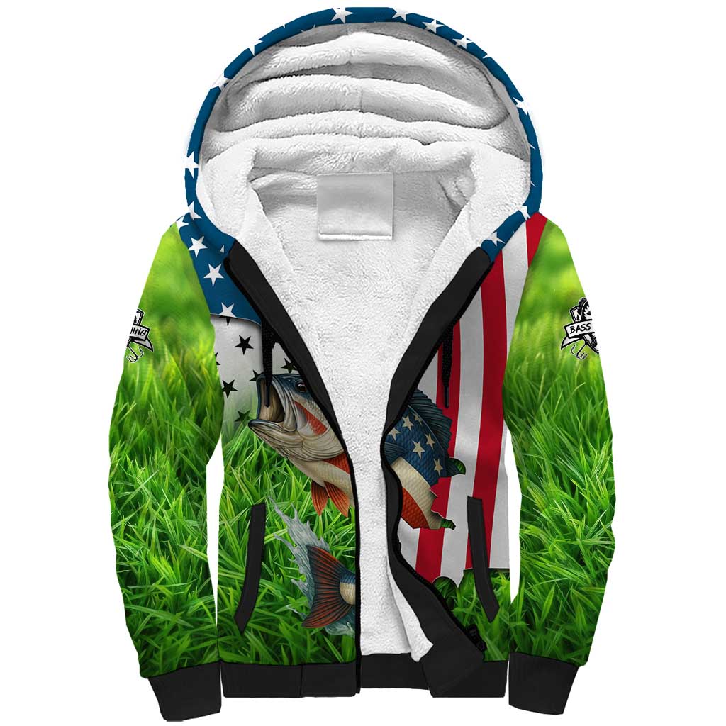 American Flag Bass Fishing Design Sherpa Hoodie with Largemouth Bass and Green Grass Background - Wonder Print Shop