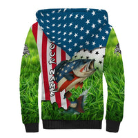 American Flag Bass Fishing Design Sherpa Hoodie with Largemouth Bass and Green Grass Background - Wonder Print Shop