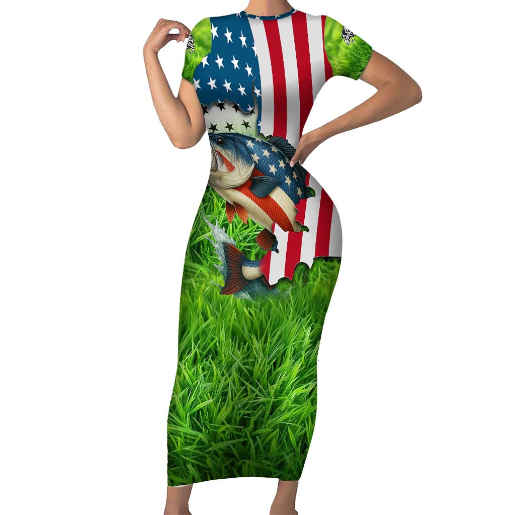 American Flag Bass Fishing Design Short Sleeve Bodycon Dress with Largemouth Bass and Green Grass Background - Wonder Print Shop