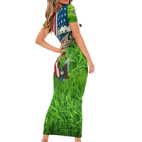 American Flag Bass Fishing Design Short Sleeve Bodycon Dress with Largemouth Bass and Green Grass Background - Wonder Print Shop