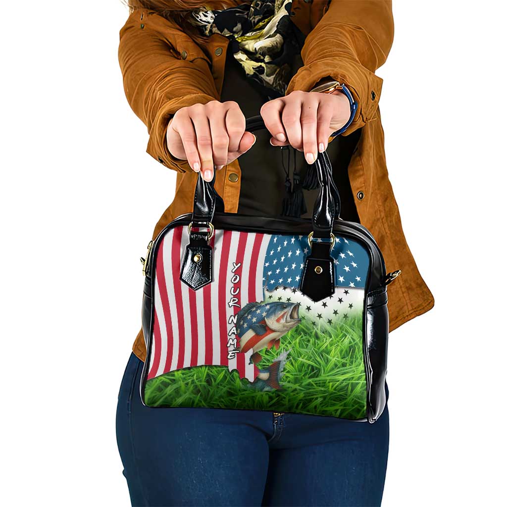 American Flag Bass Fishing Design Shoulder Handbag with Largemouth Bass and Green Grass Background - Wonder Print Shop