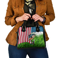 American Flag Bass Fishing Design Shoulder Handbag with Largemouth Bass and Green Grass Background - Wonder Print Shop