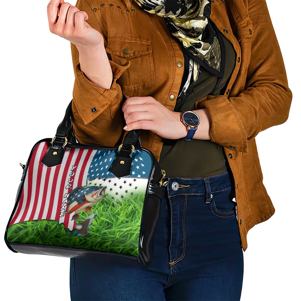 American Flag Bass Fishing Design Shoulder Handbag with Largemouth Bass and Green Grass Background - Wonder Print Shop