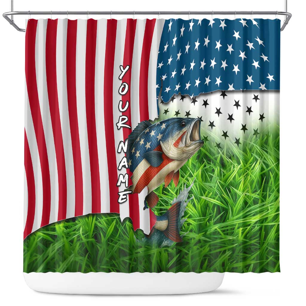 American Flag Bass Fishing Design Shower Curtain with Largemouth Bass and Green Grass Background - Wonder Print Shop