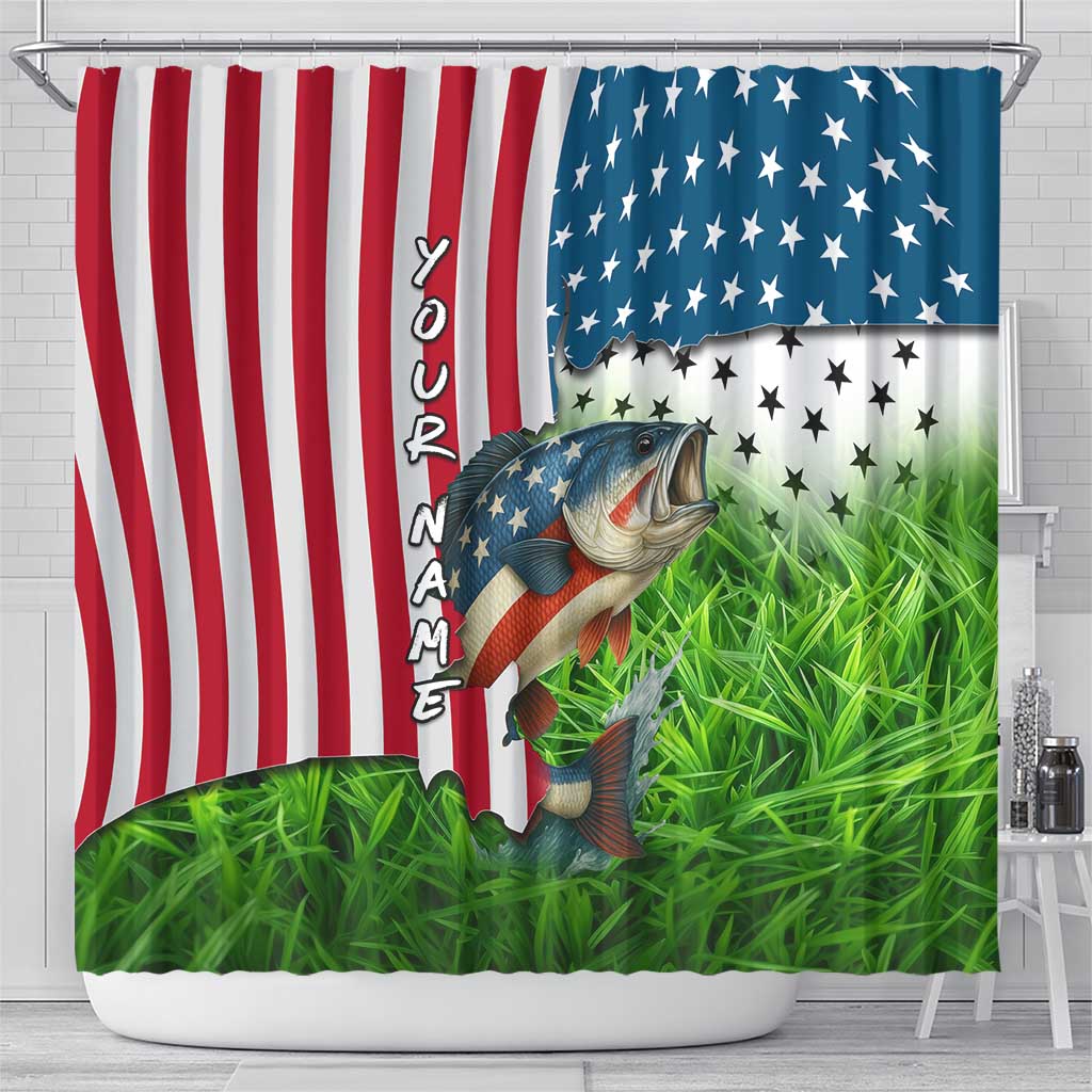 American Flag Bass Fishing Design Shower Curtain with Largemouth Bass and Green Grass Background - Wonder Print Shop