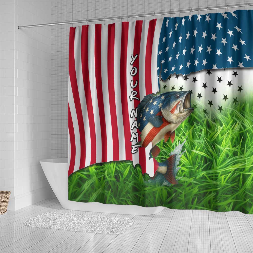 American Flag Bass Fishing Design Shower Curtain with Largemouth Bass and Green Grass Background - Wonder Print Shop