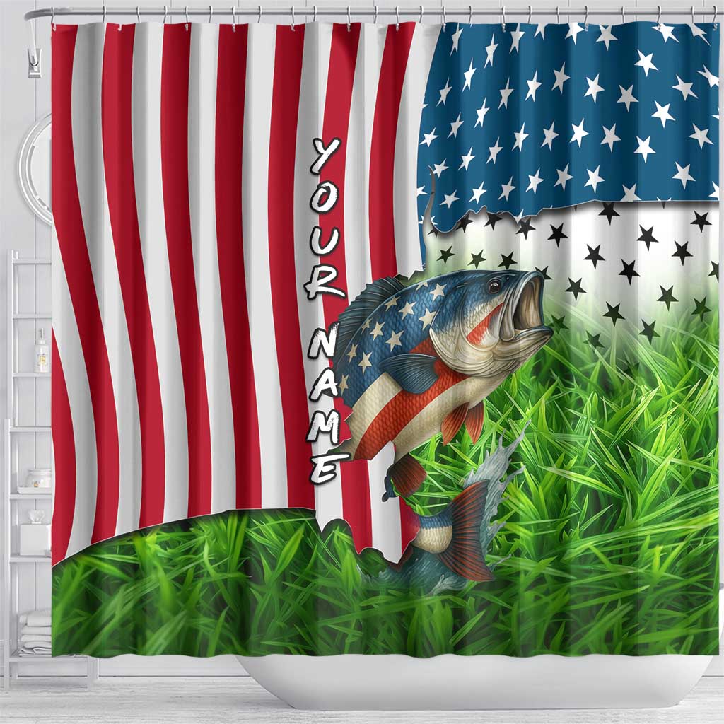 American Flag Bass Fishing Design Shower Curtain with Largemouth Bass and Green Grass Background - Wonder Print Shop