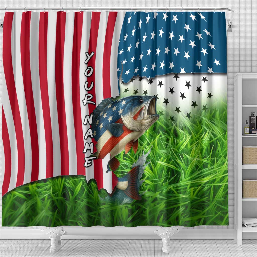 American Flag Bass Fishing Design Shower Curtain with Largemouth Bass and Green Grass Background - Wonder Print Shop