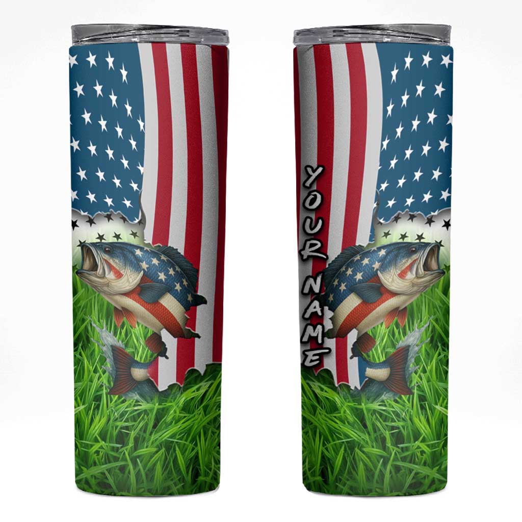 American Flag Bass Fishing Design Skinny Tumbler with Largemouth Bass and Green Grass Background - Wonder Print Shop