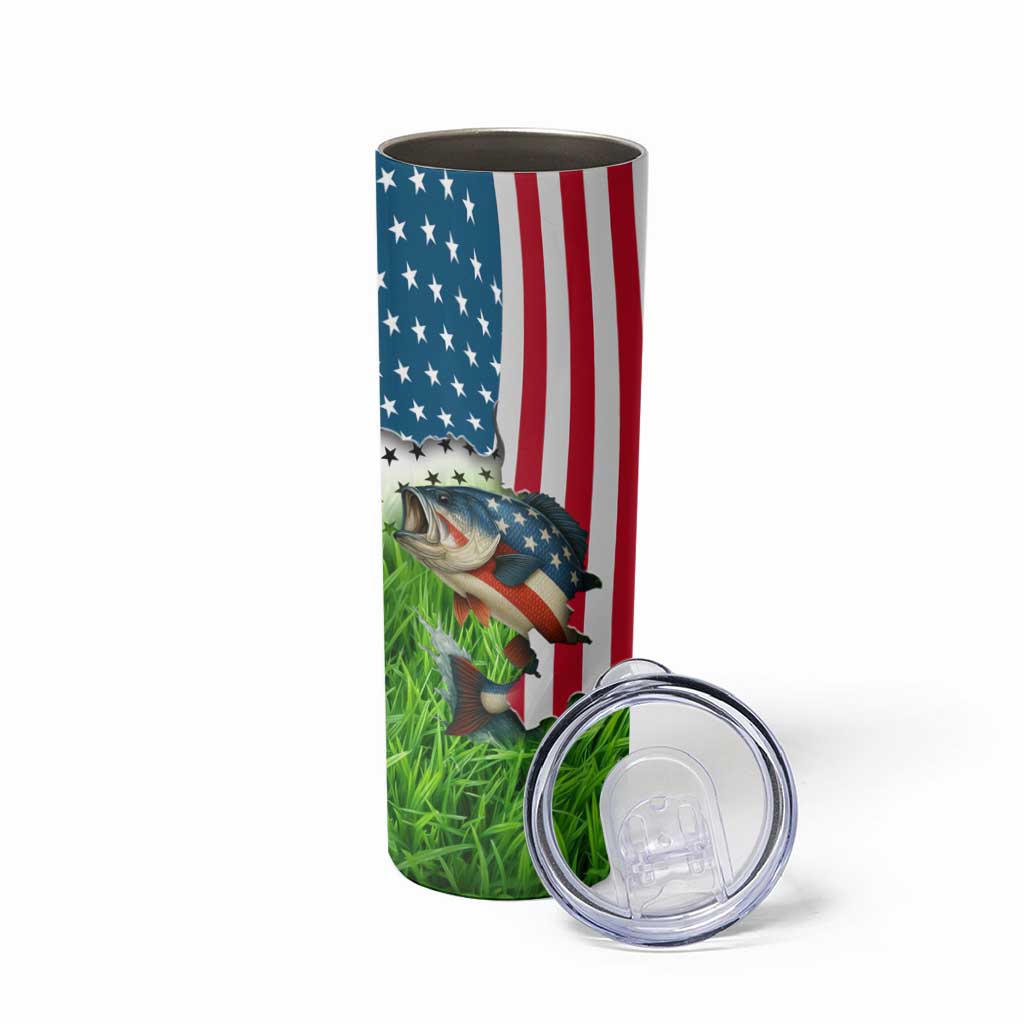American Flag Bass Fishing Design Skinny Tumbler with Largemouth Bass and Green Grass Background - Wonder Print Shop