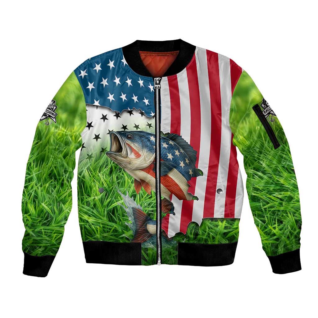 American Flag Bass Fishing Design Sleeve Zip Bomber Jacket with Largemouth Bass and Green Grass Background - Wonder Print Shop