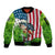 American Flag Bass Fishing Design Sleeve Zip Bomber Jacket with Largemouth Bass and Green Grass Background - Wonder Print Shop