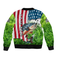 American Flag Bass Fishing Design Sleeve Zip Bomber Jacket with Largemouth Bass and Green Grass Background - Wonder Print Shop