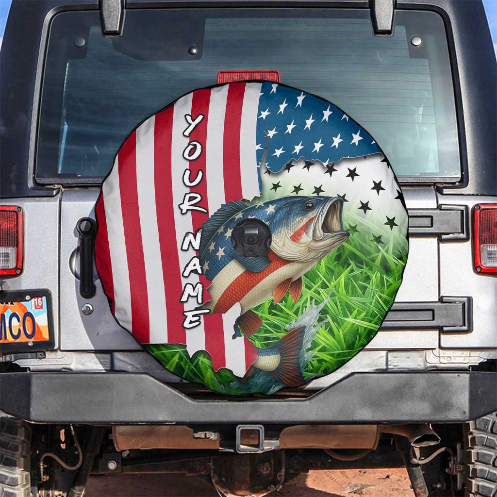 American Flag Bass Fishing Design Spare Tire Cover with Largemouth Bass and Green Grass Background - Wonder Print Shop