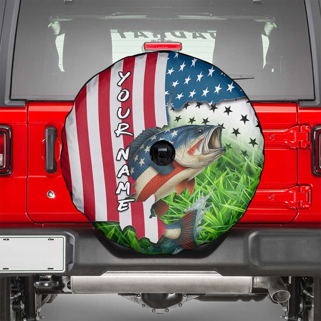 American Flag Bass Fishing Design Spare Tire Cover with Largemouth Bass and Green Grass Background - Wonder Print Shop