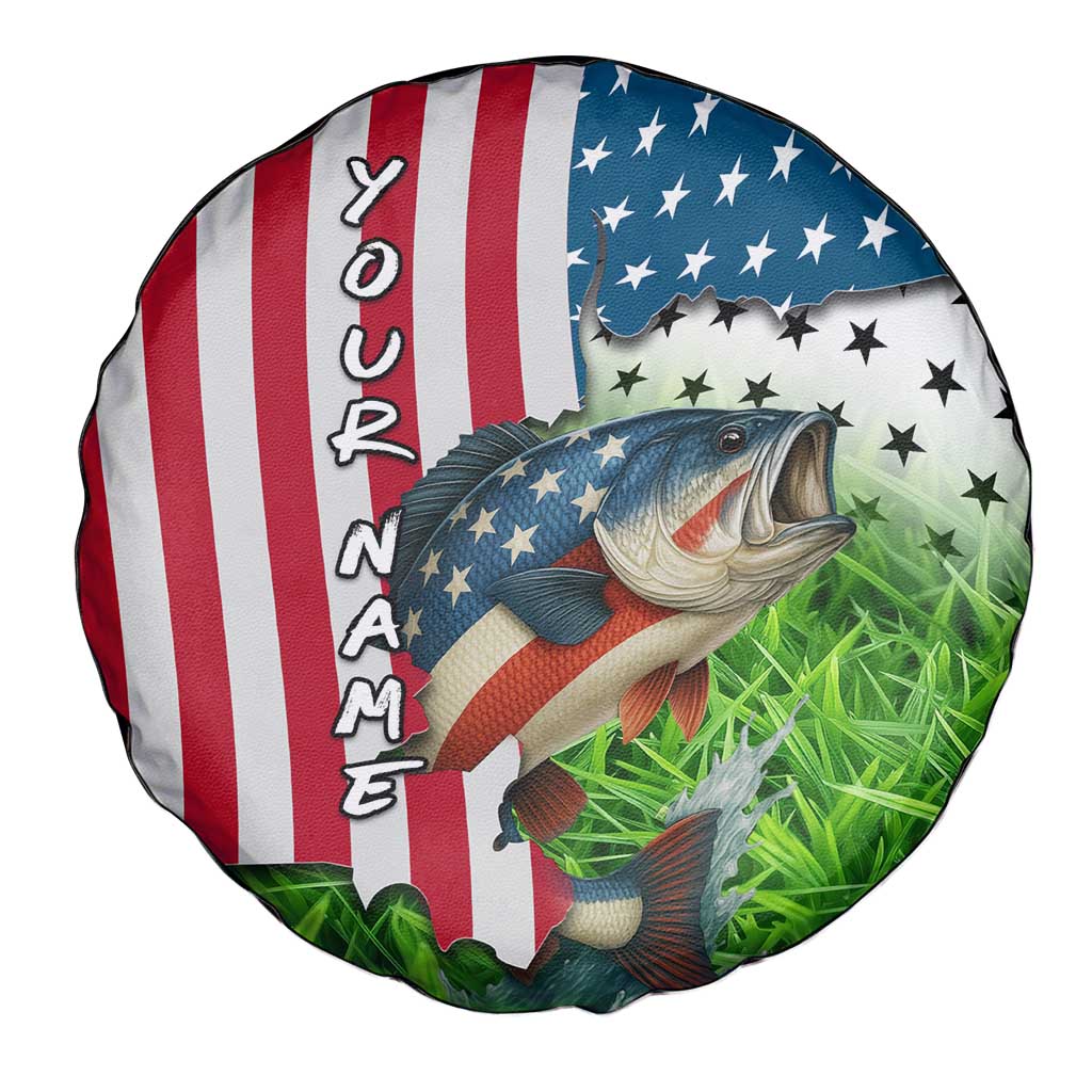 American Flag Bass Fishing Design Spare Tire Cover with Largemouth Bass and Green Grass Background - Wonder Print Shop