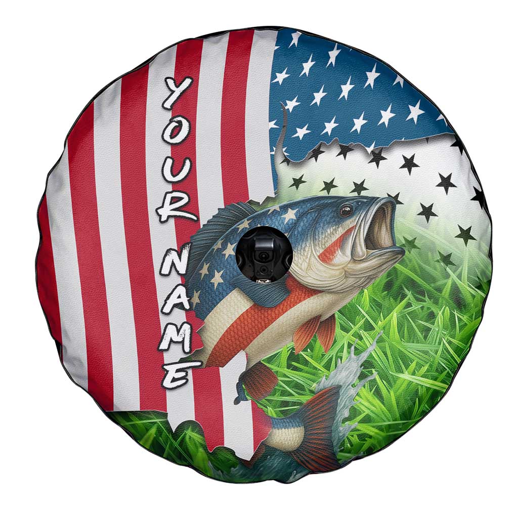 American Flag Bass Fishing Design Spare Tire Cover with Largemouth Bass and Green Grass Background - Wonder Print Shop