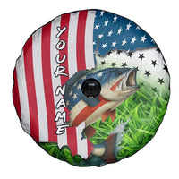 American Flag Bass Fishing Design Spare Tire Cover with Largemouth Bass and Green Grass Background - Wonder Print Shop
