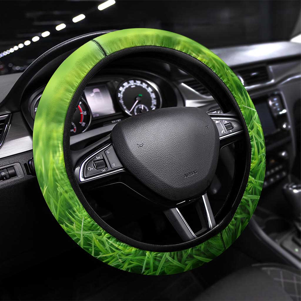 American Flag Bass Fishing Design Steering Wheel Cover with Largemouth Bass and Green Grass Background - Wonder Print Shop