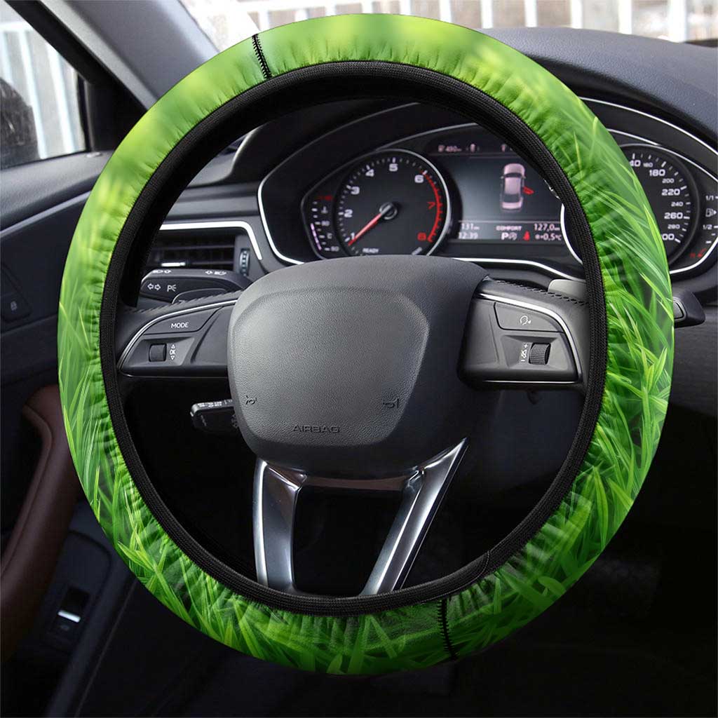 American Flag Bass Fishing Design Steering Wheel Cover with Largemouth Bass and Green Grass Background - Wonder Print Shop