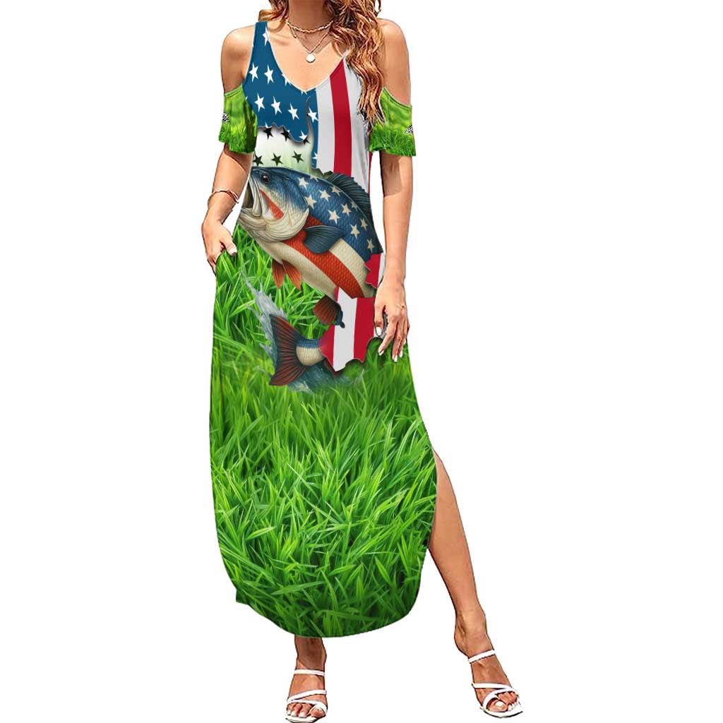 American Flag Bass Fishing Design Summer Maxi Dress with Largemouth Bass and Green Grass Background - Wonder Print Shop