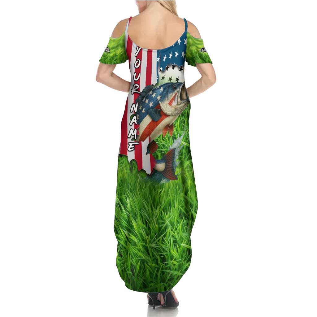 American Flag Bass Fishing Design Summer Maxi Dress with Largemouth Bass and Green Grass Background - Wonder Print Shop
