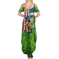 American Flag Bass Fishing Design Summer Maxi Dress with Largemouth Bass and Green Grass Background - Wonder Print Shop