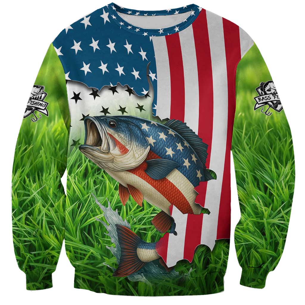 American Flag Bass Fishing Design Sweatshirt with Largemouth Bass and Green Grass Background - Wonder Print Shop